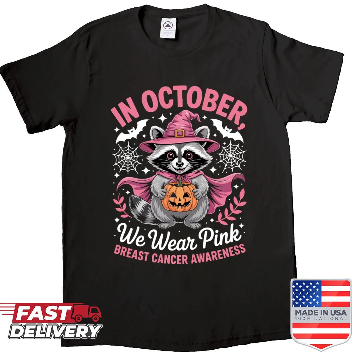 Breast cancer awareness t-shirt featuring 'In October We Wear Pink' design.