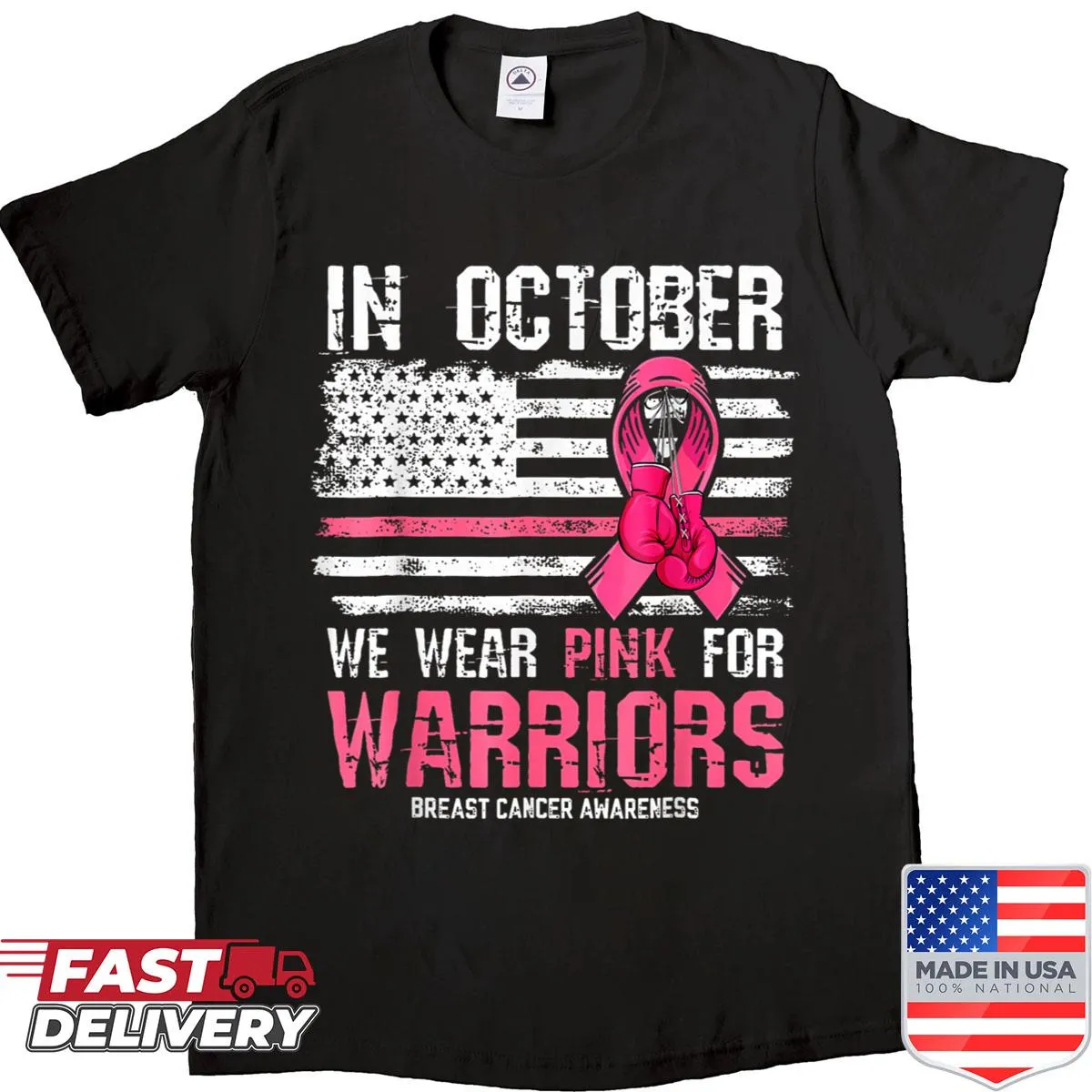 Shirt featuring a pink ribbon symbol for breast cancer awareness