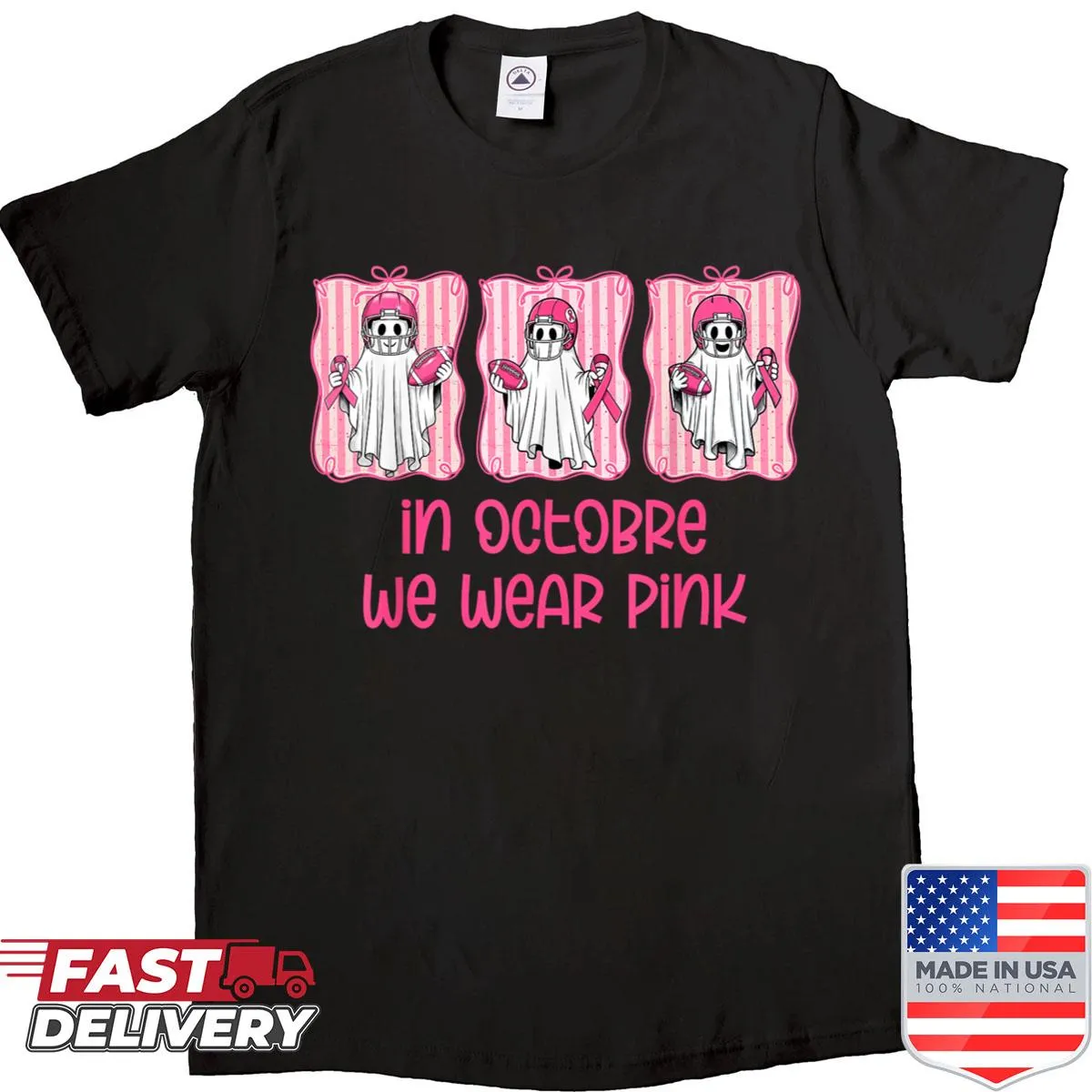 Ghost in pink with football theme on breast cancer awareness shirt