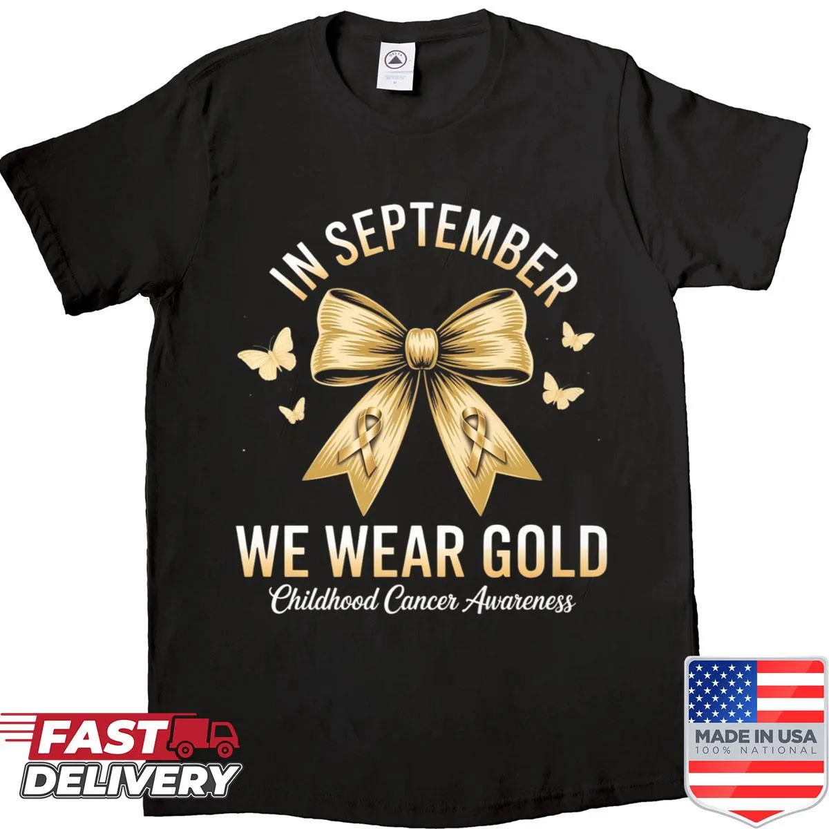 Gold bow and typography for childhood cancer awareness on a shirt