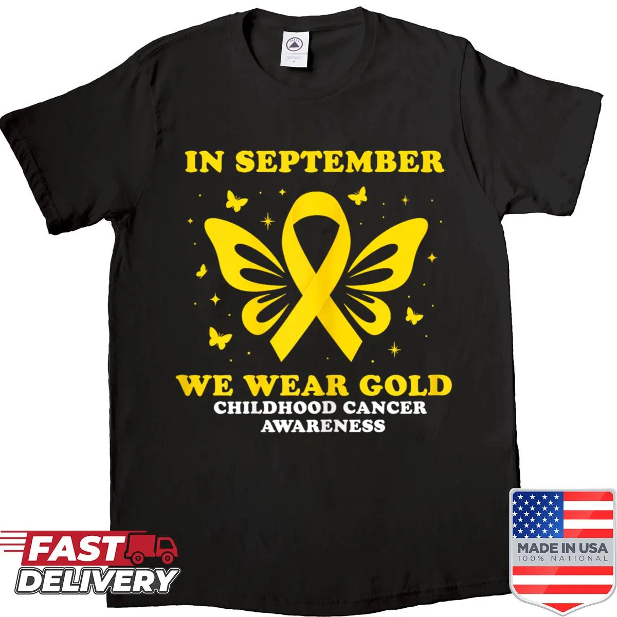 Gold awareness shirt for kids with the message about childhood cancer
