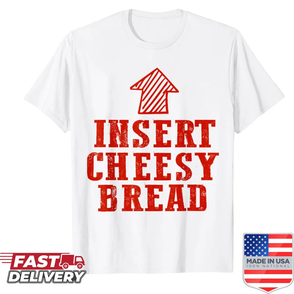 Funny foodie shirt with pointing arrow and cheesy bread graphic