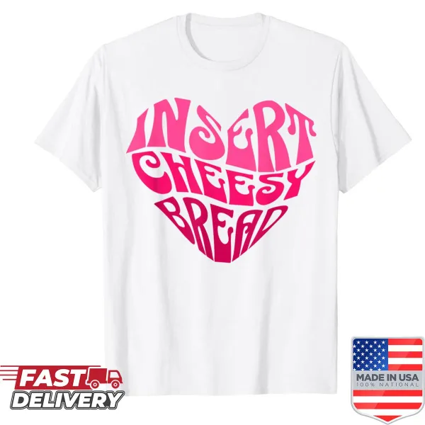 Vintage-style shirt with a pink heart and cheesy bread theme