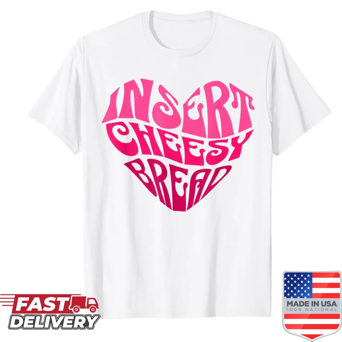 Vintage-style shirt with a pink heart and cheesy bread theme
