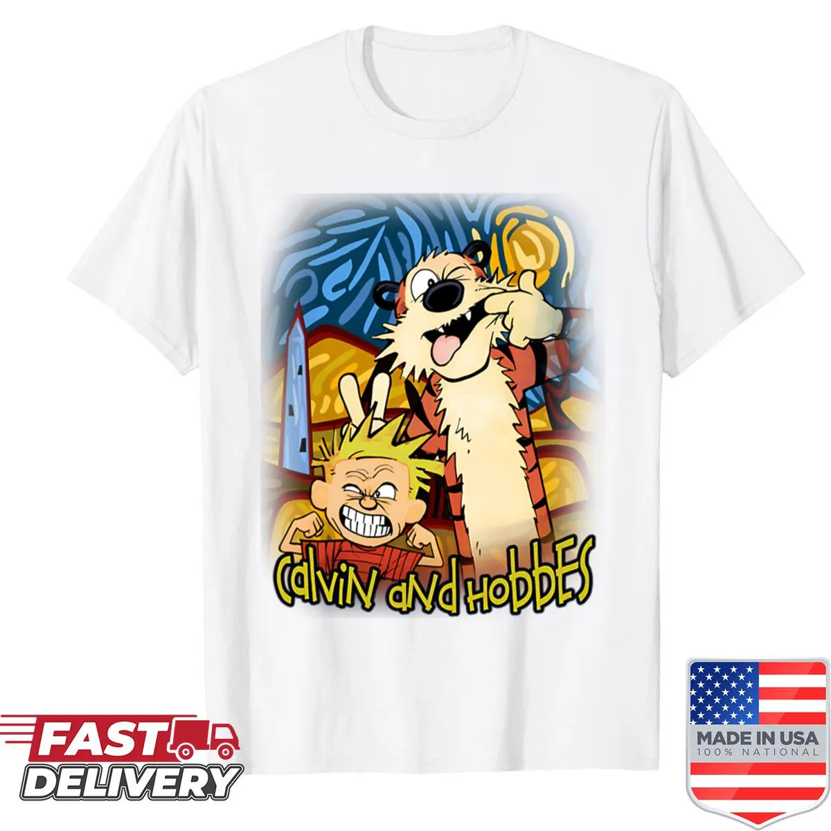 Cartoon graphic inspired by retro comic duos on a shirt