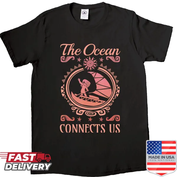 Cartoon tropical shirt featuring island girl and ocean waves