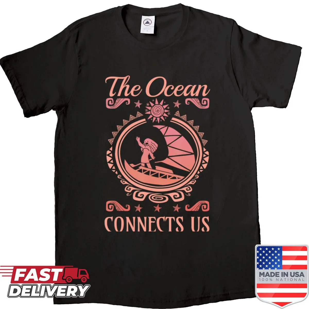 Cartoon tropical shirt featuring island girl and ocean waves