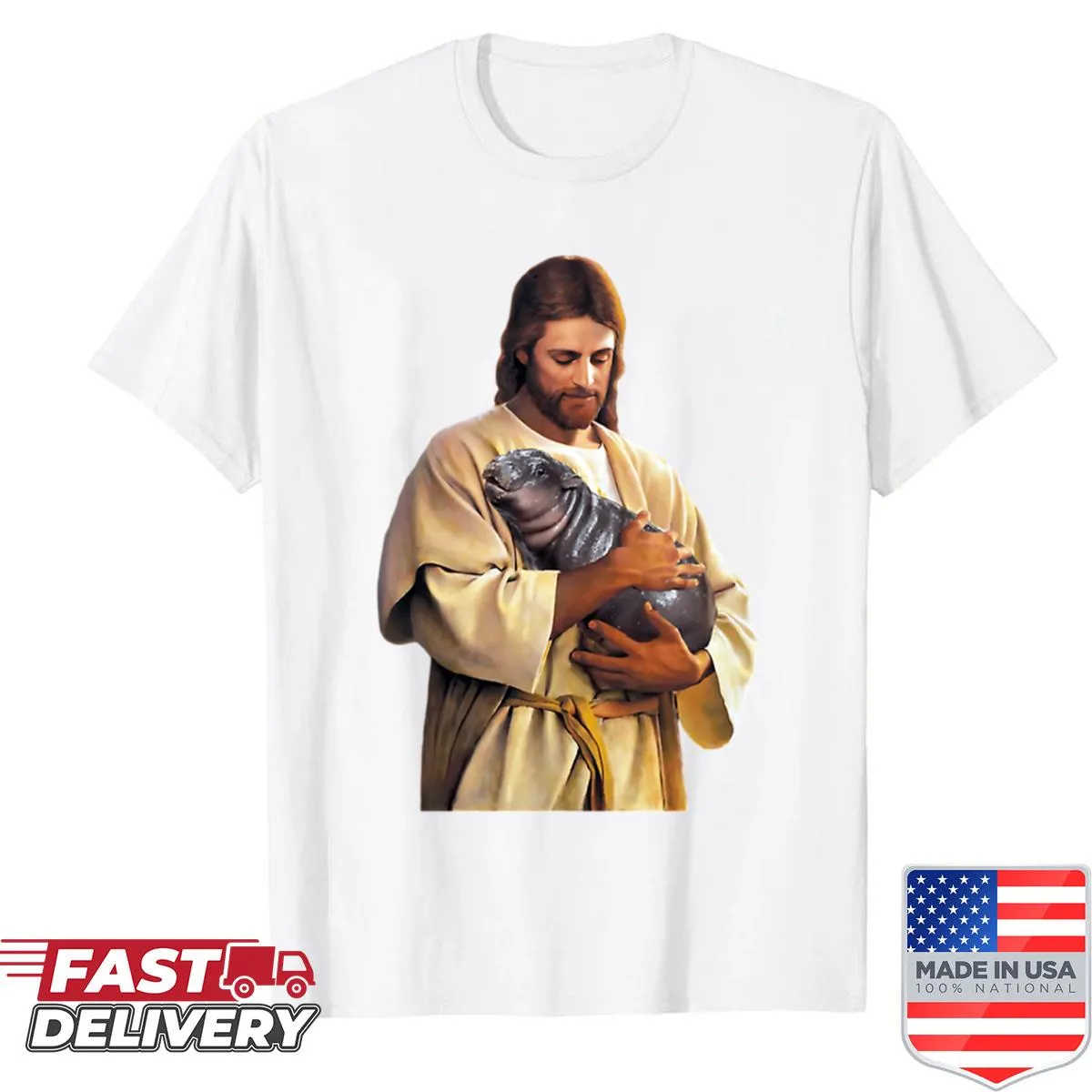 Jesus illustration carrying Moo Deng on a shirt