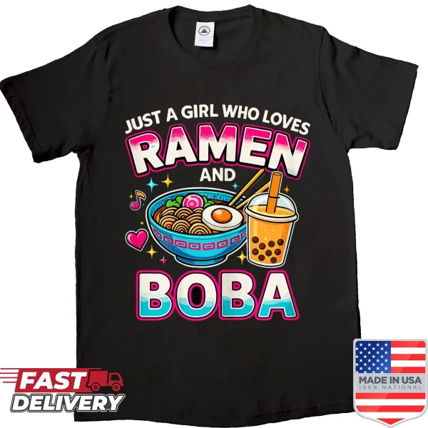 Cute shirt with ramen and boba illustration for food lovers