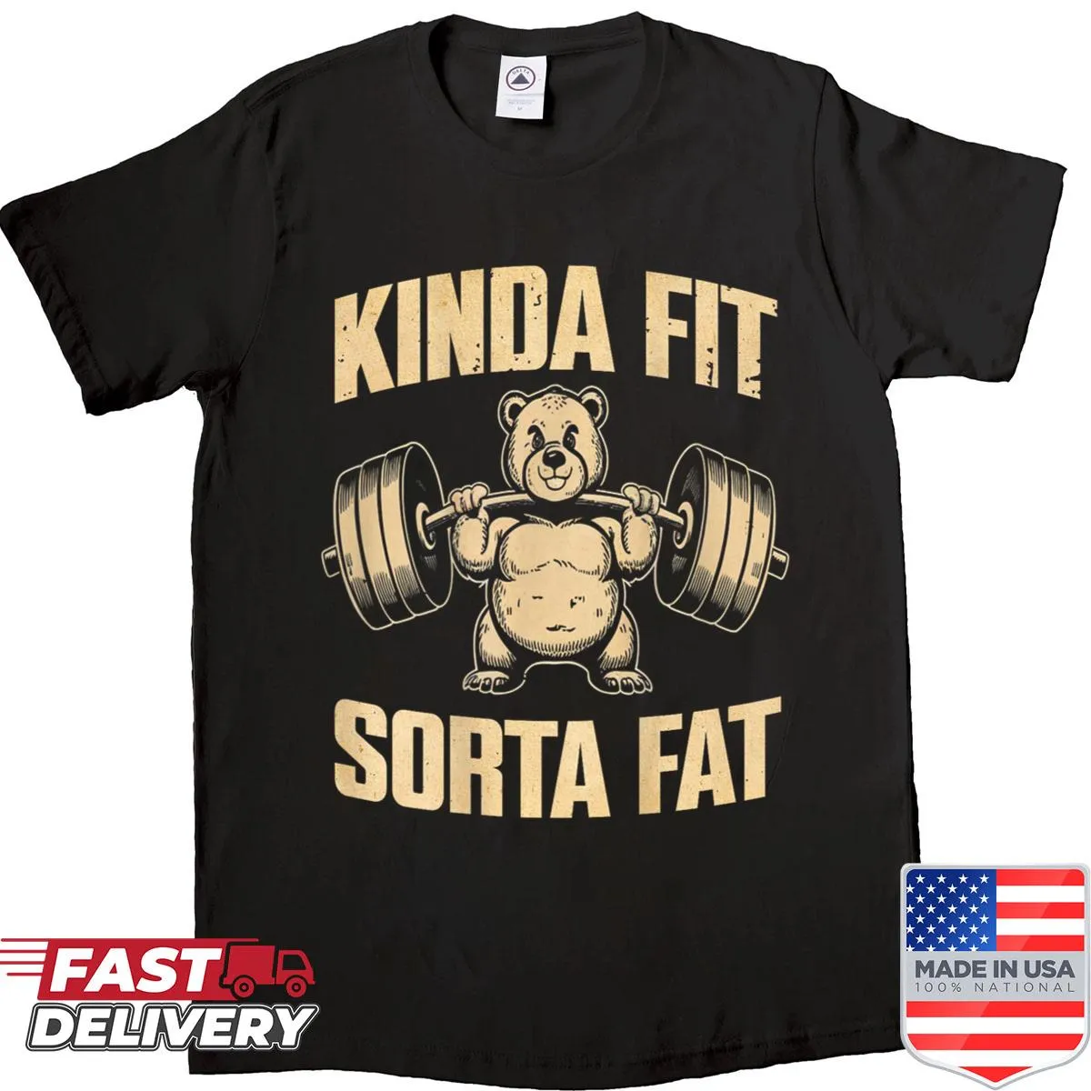 Retro gym shirt featuring a cute bear and funny fitness phrase on back.