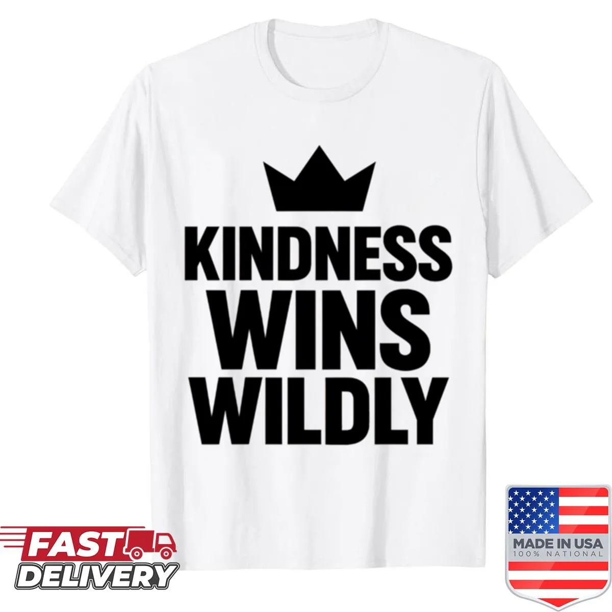 Minimalist graphic shirt with 'Kindness Wins' crown logo