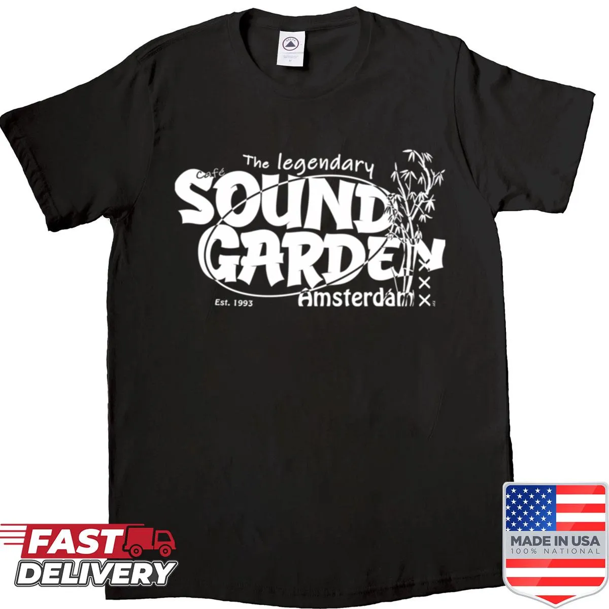 Vintage-style band tour logo graphic on a music t-shirt