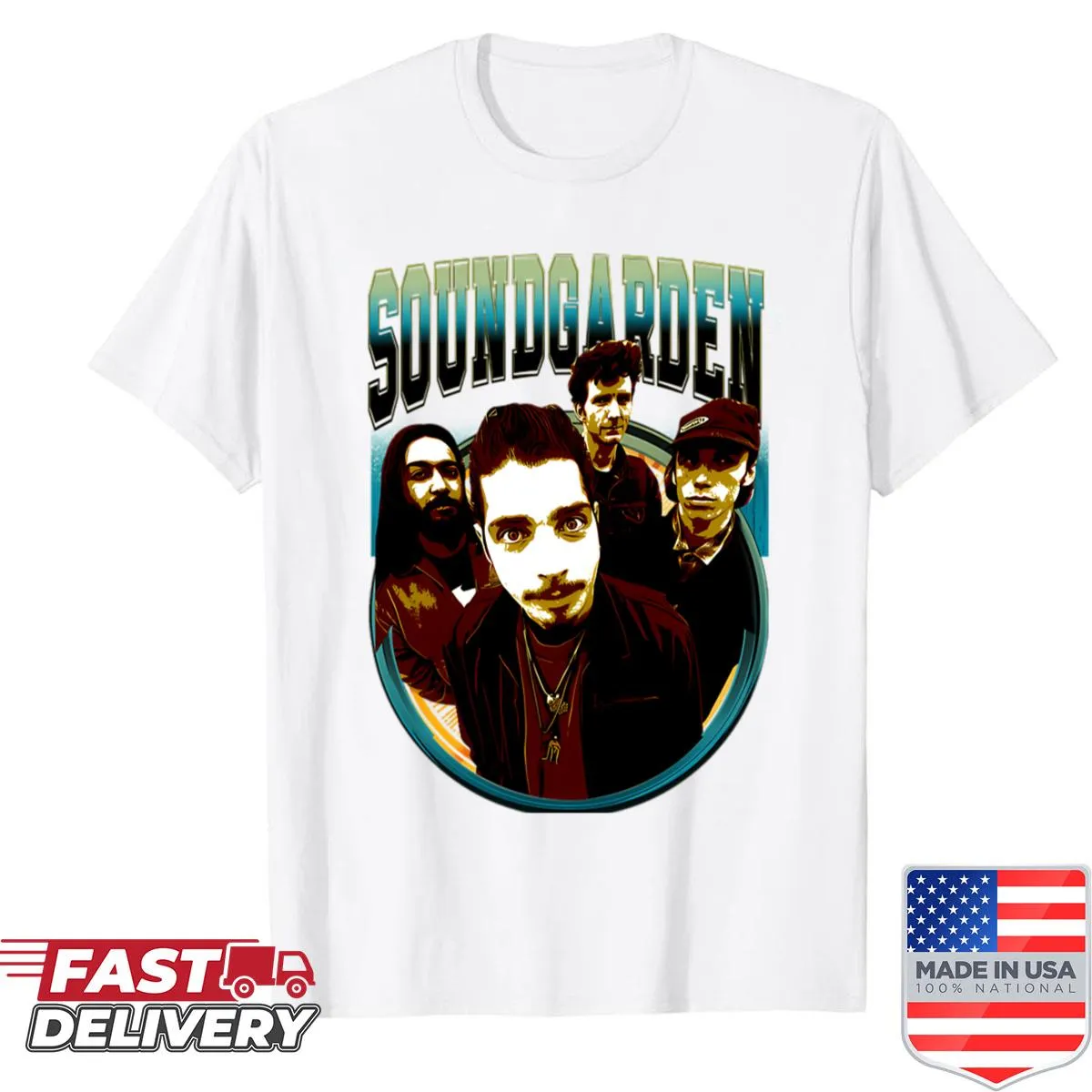 Vintage tour band shirt with nostalgic logo design
