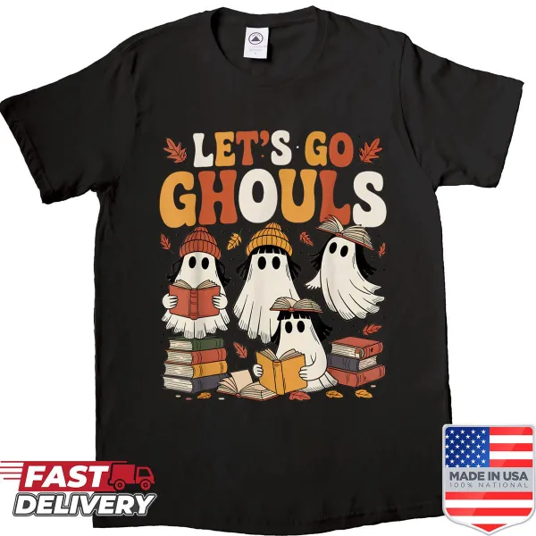 Cozy cartoon-style shirt featuring cute ghosts and 'Let's Go Ghouls' text.