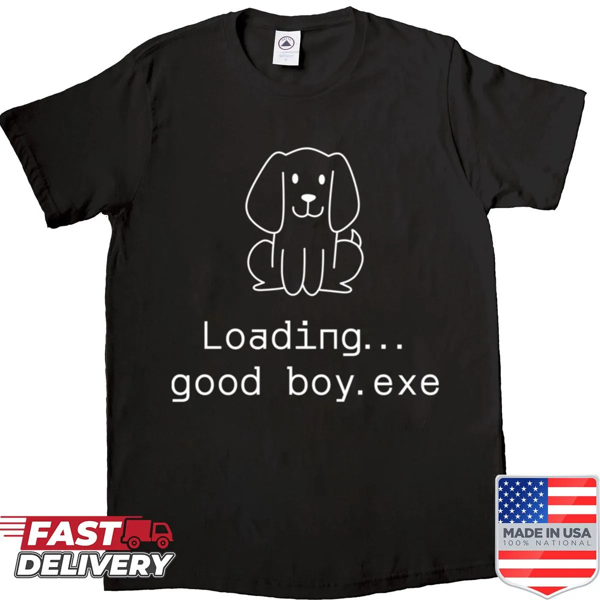 Funny T-shirt featuring 'Good Boyexe' with a loading graphic.