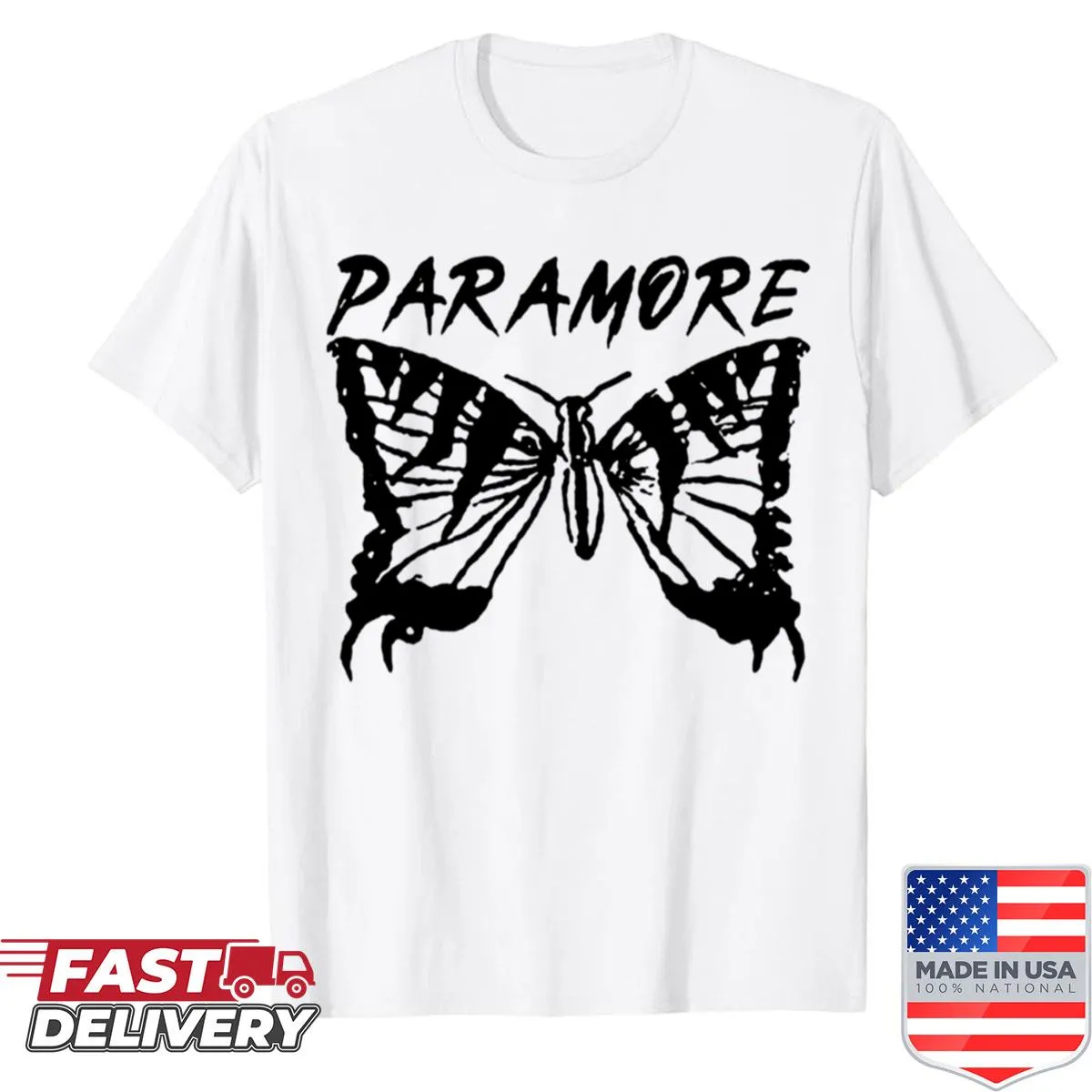 Shirt featuring the logo of a butterfly band in badge-emblem style