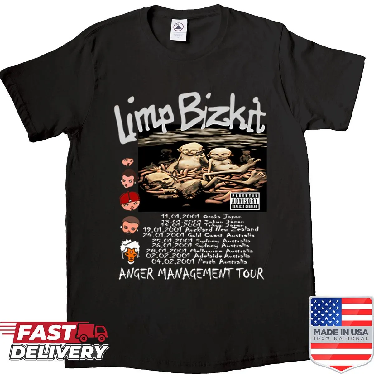 Vintage-style shirt featuring logos of classic metal and rap rock bands