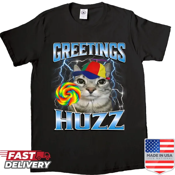 Funny lollipop cat graphic t-shirt with Gen Z meme references, playful design
