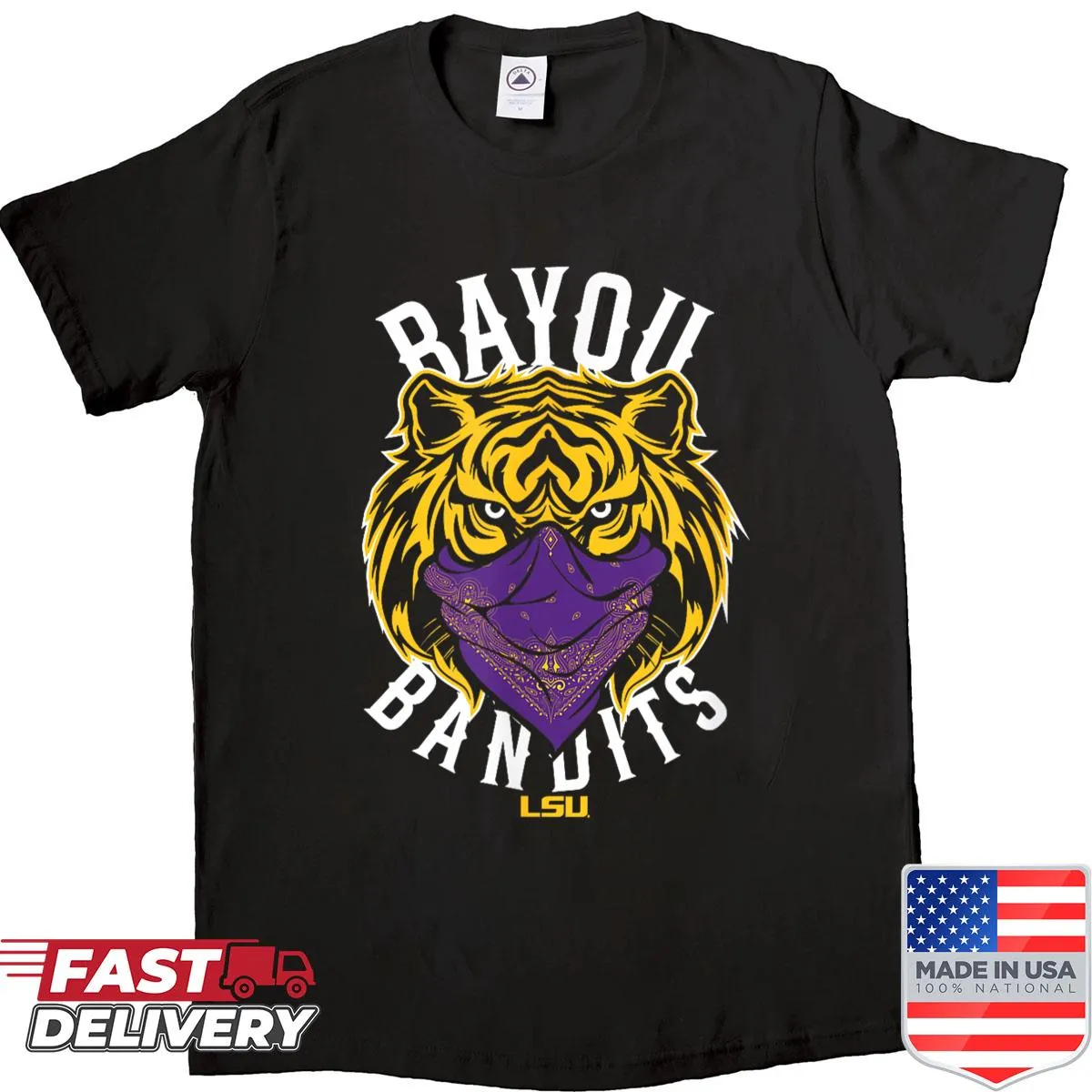 Emblem design on an LSU Football Bayou Bandits shirt