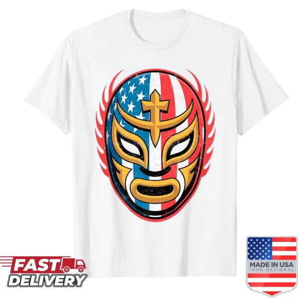 Illustration of a luchador mask on t-shirt for wrestling fans.