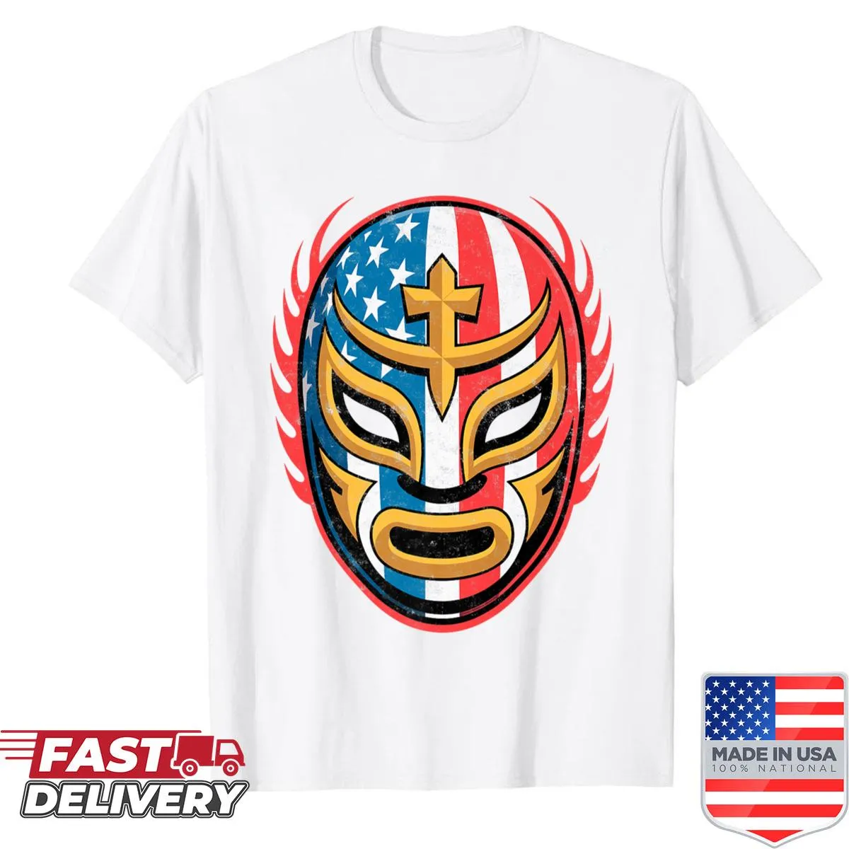 Illustration of a luchador mask on t-shirt for wrestling fans.