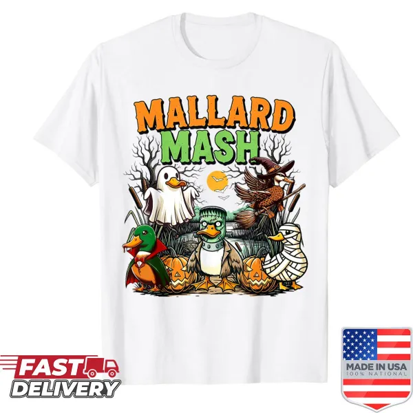 Funny Halloween shirt featuring a cartoon duck with a spooky ghost.