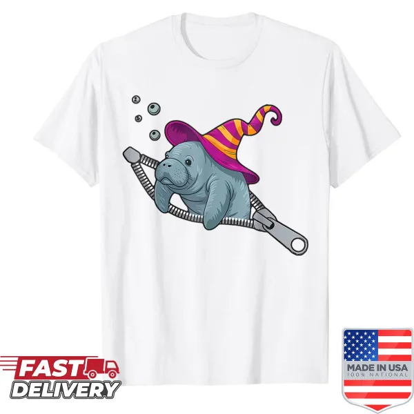 Cute manatee Halloween wizard shirt with cartoon design.