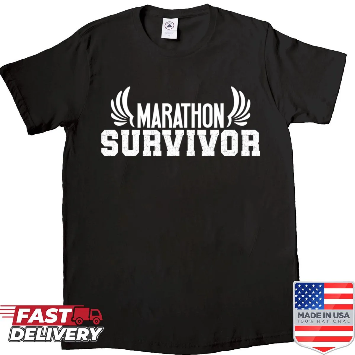 Inspirational shirt celebrating marathon finishers with bold text