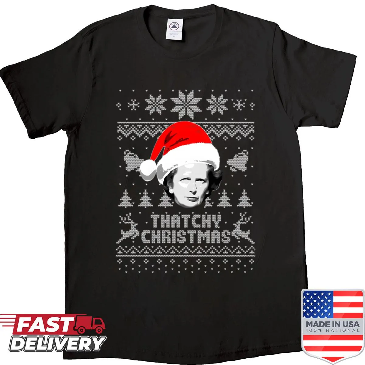 Humorous Christmas shirt featuring Margaret Thatcher