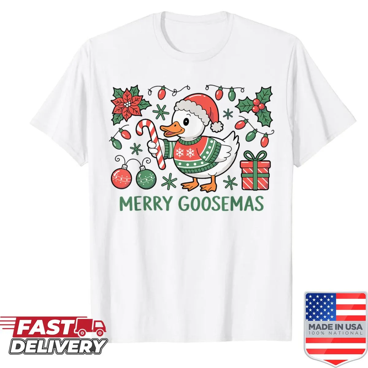Cute Christmas goose t-shirt with Santa hat and lights