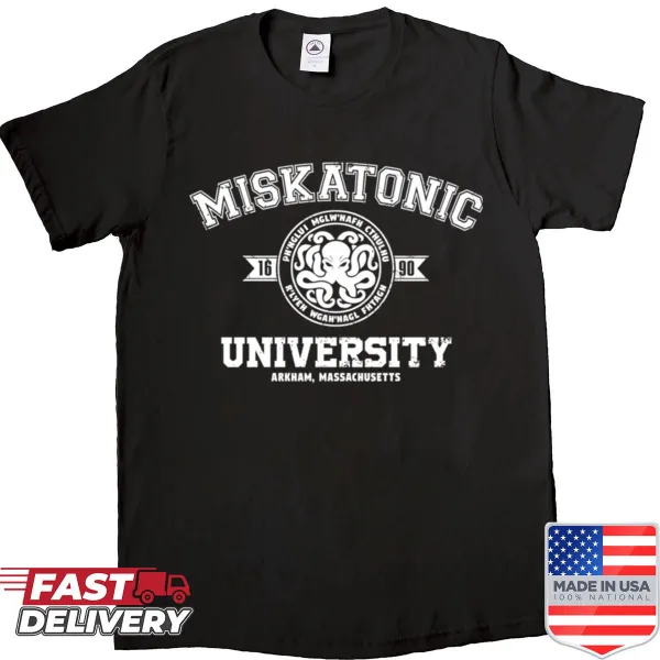Collegiate-style shirt featuring Miskatonic University name