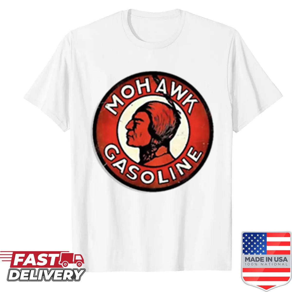 Vintage-style shirt with distressed Mohawk Gasoline logo design