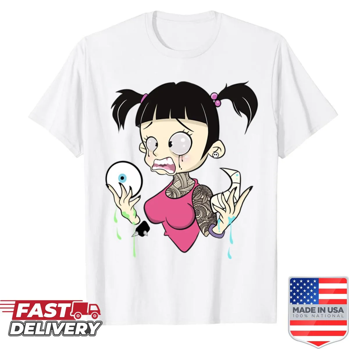 Cute monster sticker design on a playful t-shirt
