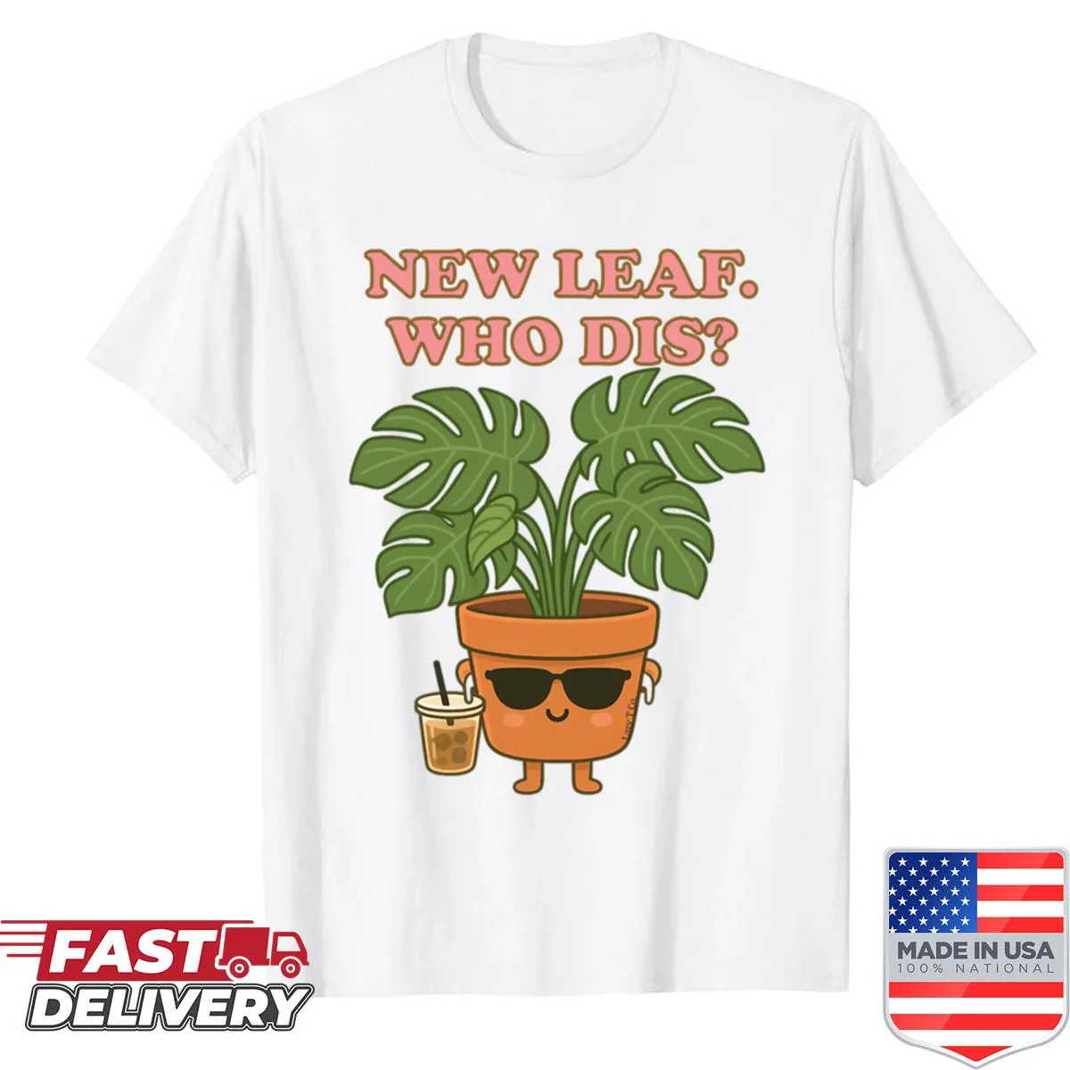 Kawaii design showing a Monstera plant and funny text about new leaves