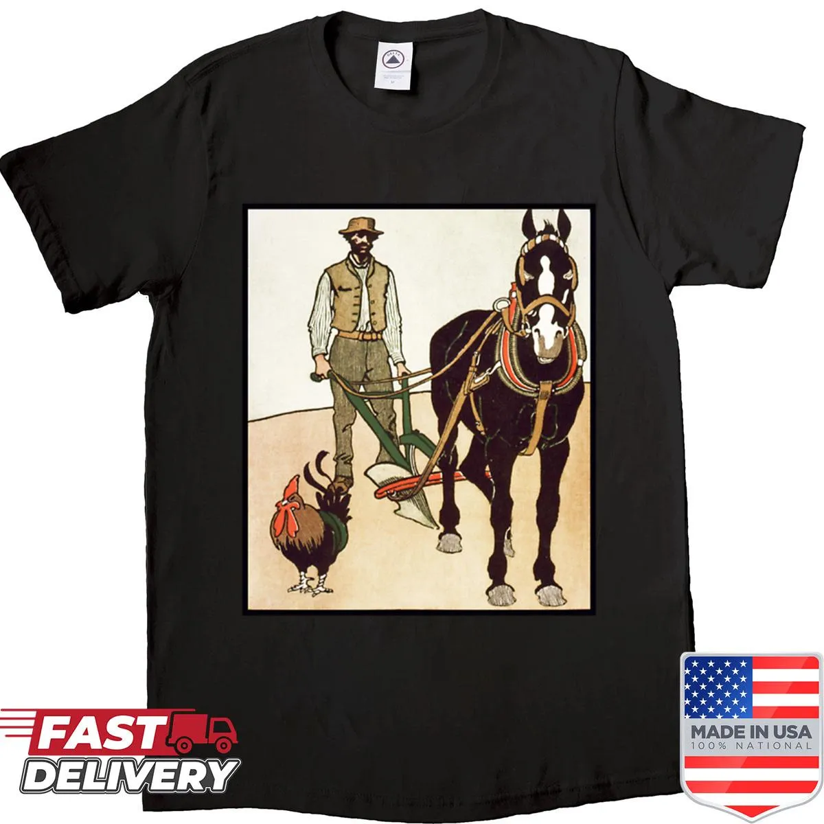 Vintage shirt featuring a mule, plow, and gamecock design