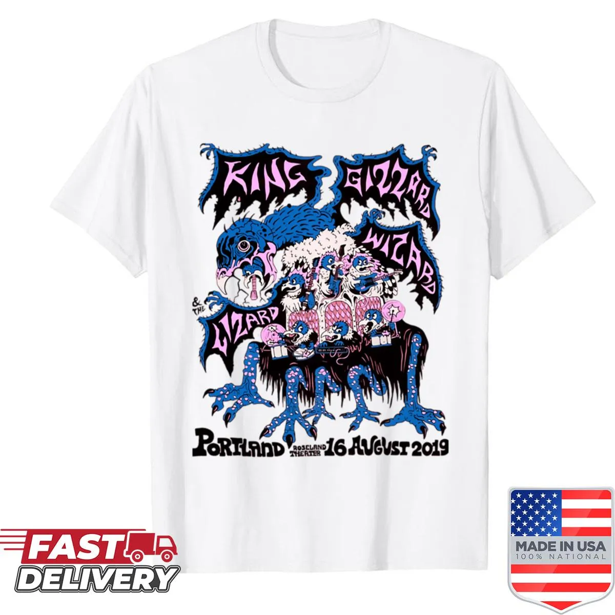 Vintage-style band logos printed on a concert T-shirt.