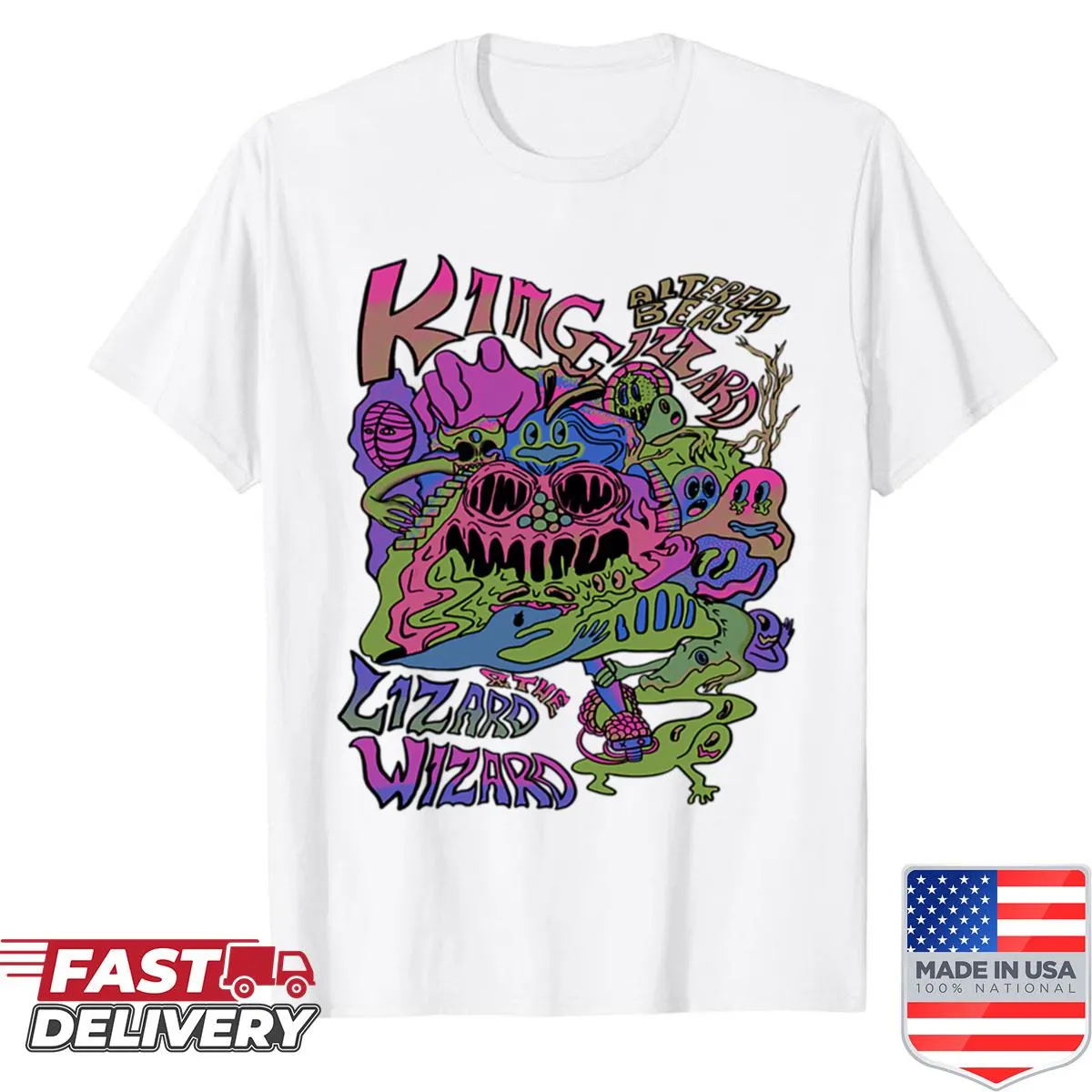 Vintage concert shirt with band logos and album artwork