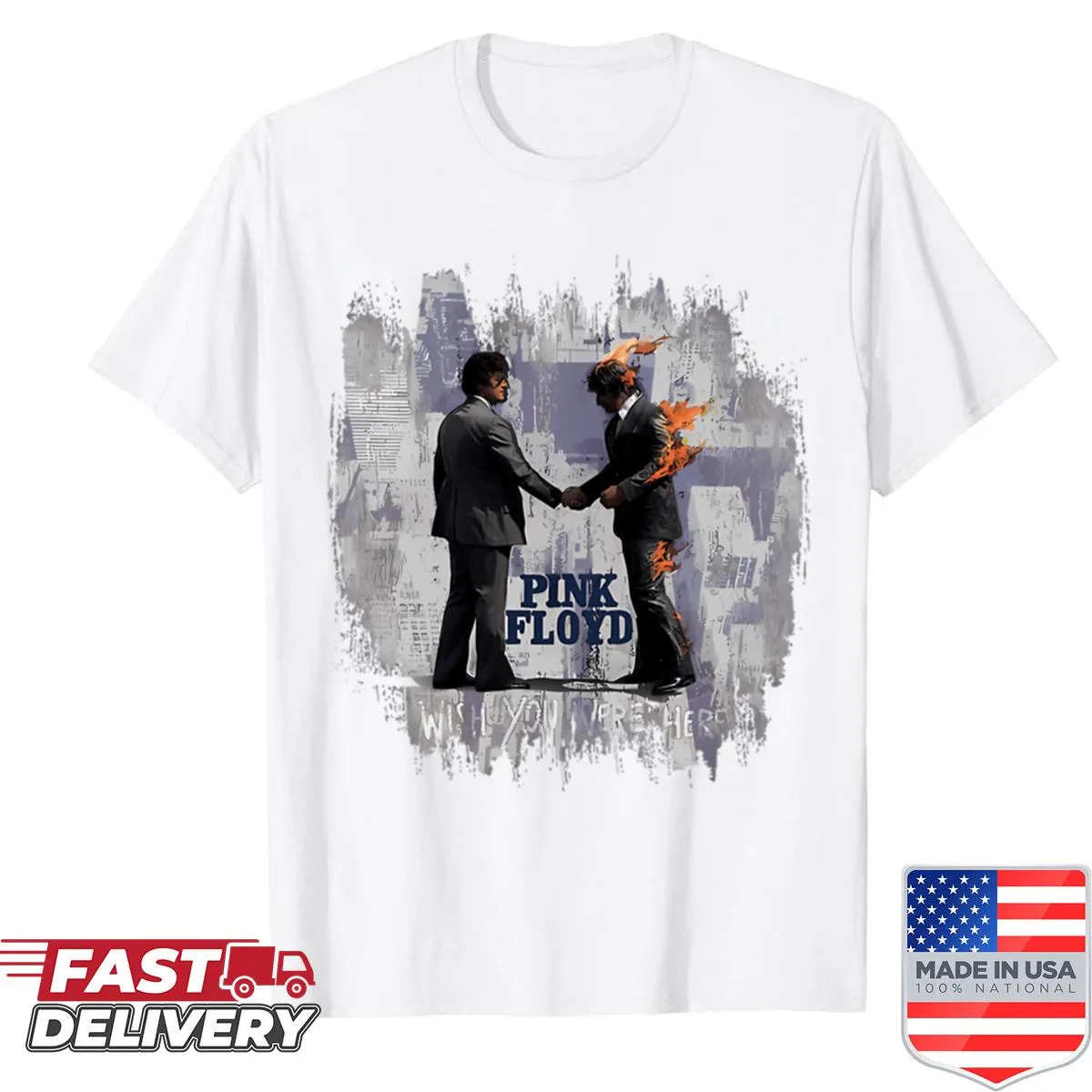 Vintage concert T-shirt featuring classic band album logos.