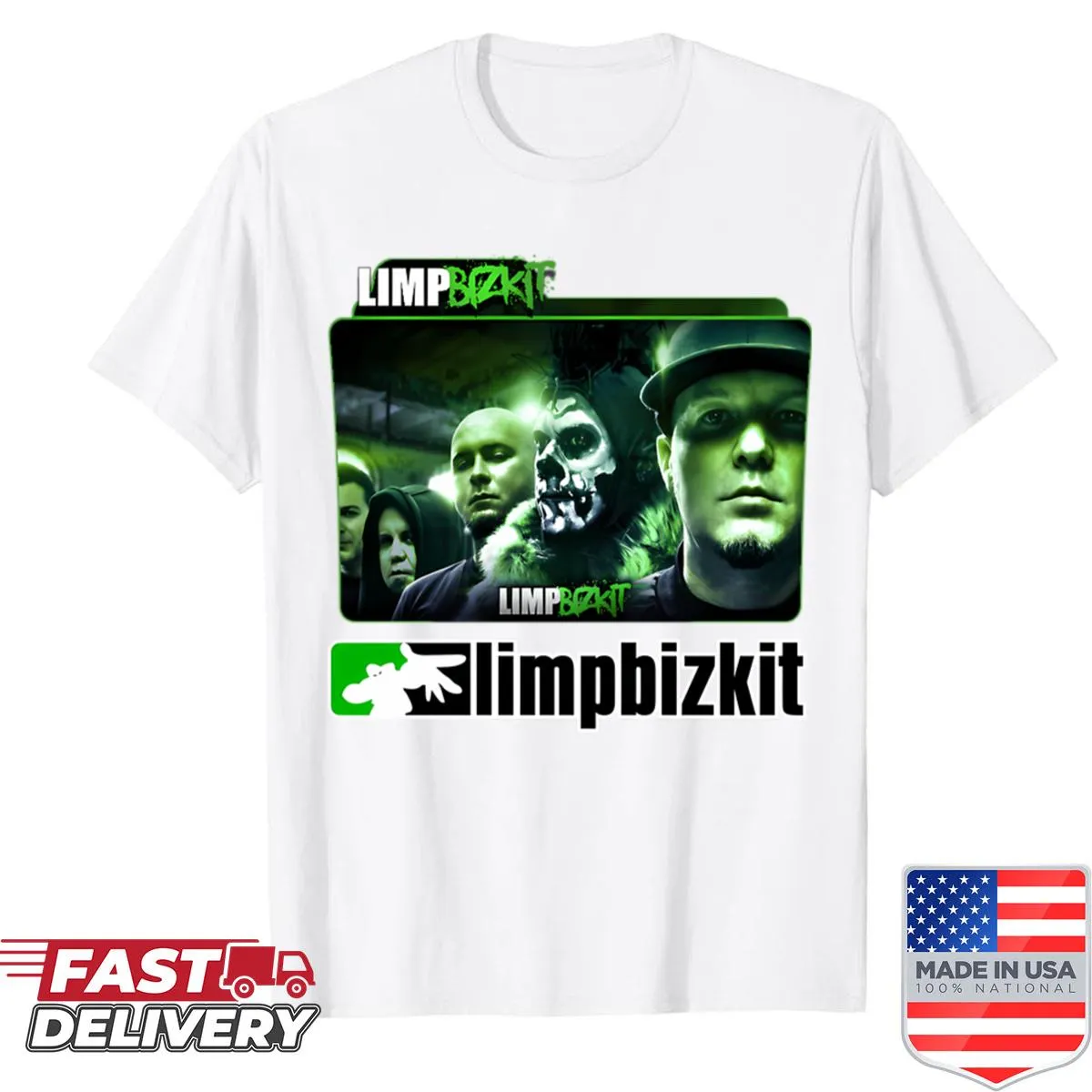 Retro-style shirt with music band logos and album art