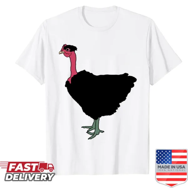 Cartoon naked neck hen graphic on a humorous t-shirt