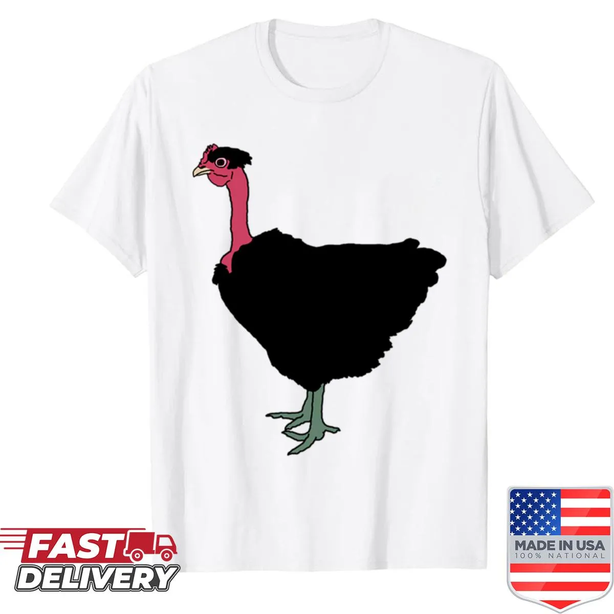 Cartoon naked neck hen graphic on a humorous t-shirt