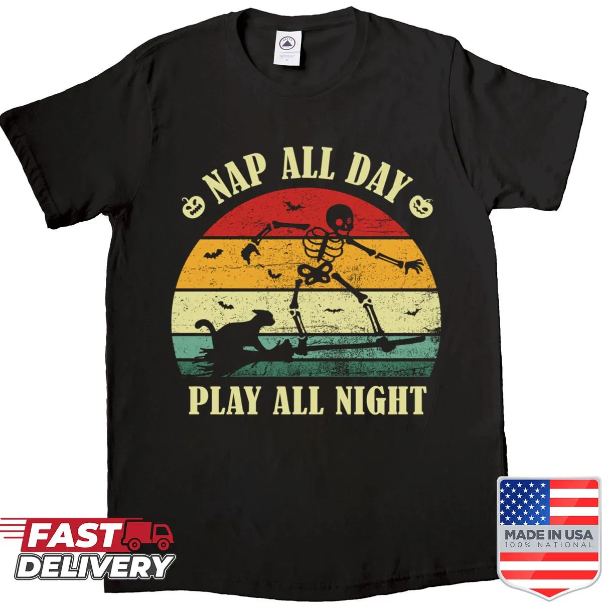 Halloween-themed shirt with a cat witch skeleton and playful text