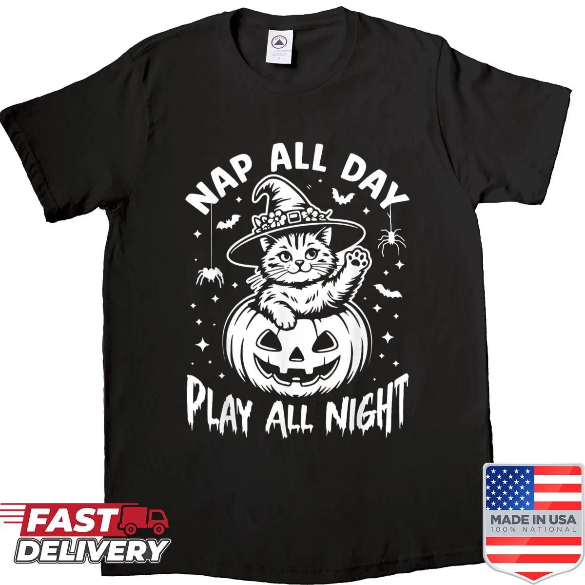 Cute Halloween shirt with a cat in a witch hat and pumpkins