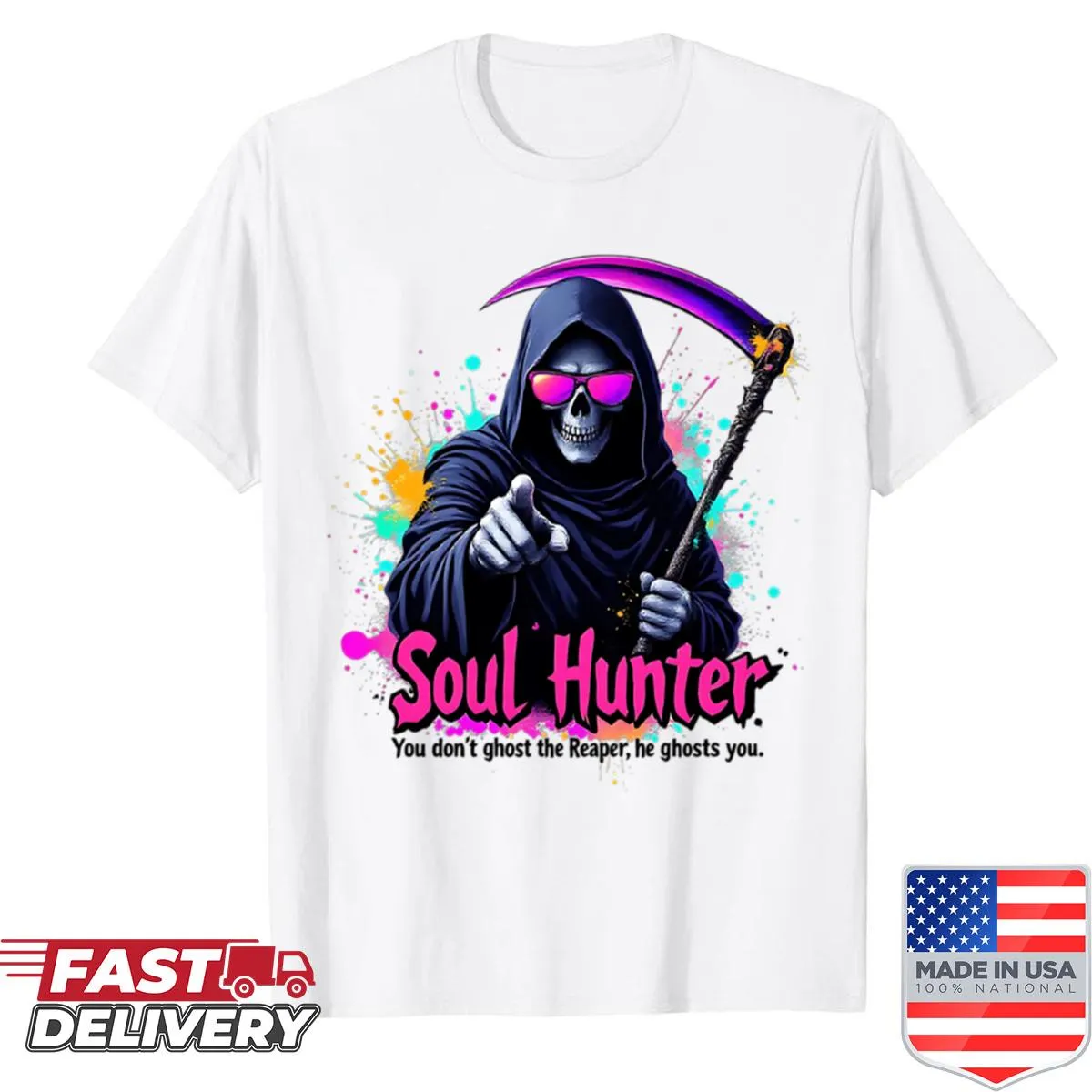 Illustrated neon reaper design on an edgy shirt