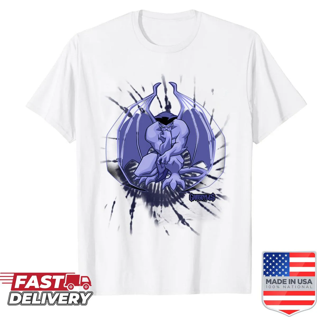 Illustrated fantasy shirt with creatures around a vintage stone guardian.