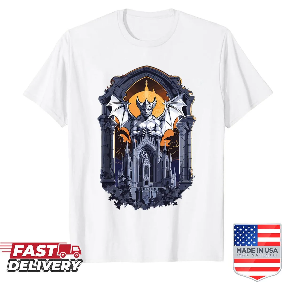 Vintage fantasy shirt with guardian stone and night creatures design