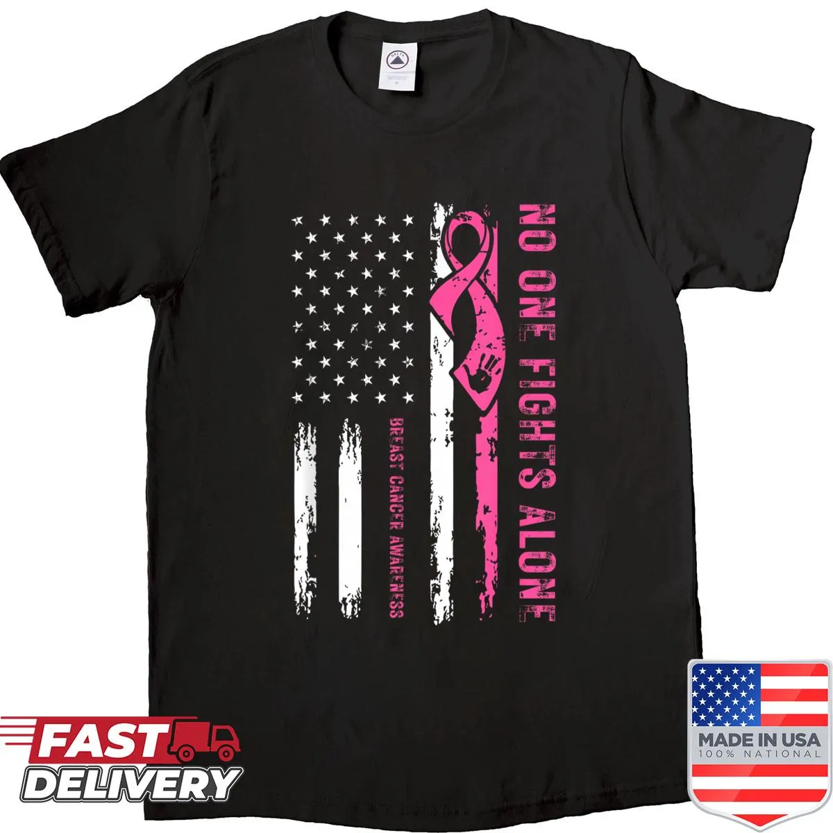 Pink ribbon and American flag graphic shirt for breast cancer awareness