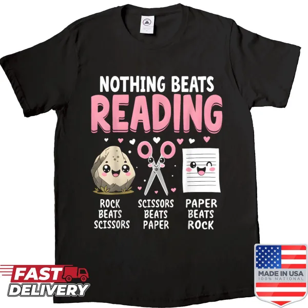 Fun shirt with the phrase about reading and Rock Paper Scissors