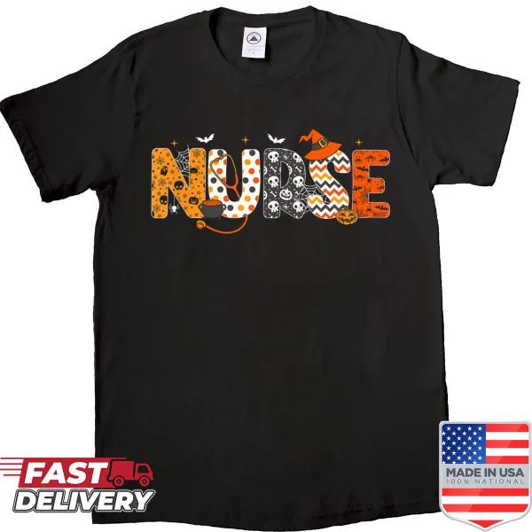 Funny nurse Halloween scrub top with playful graphics
