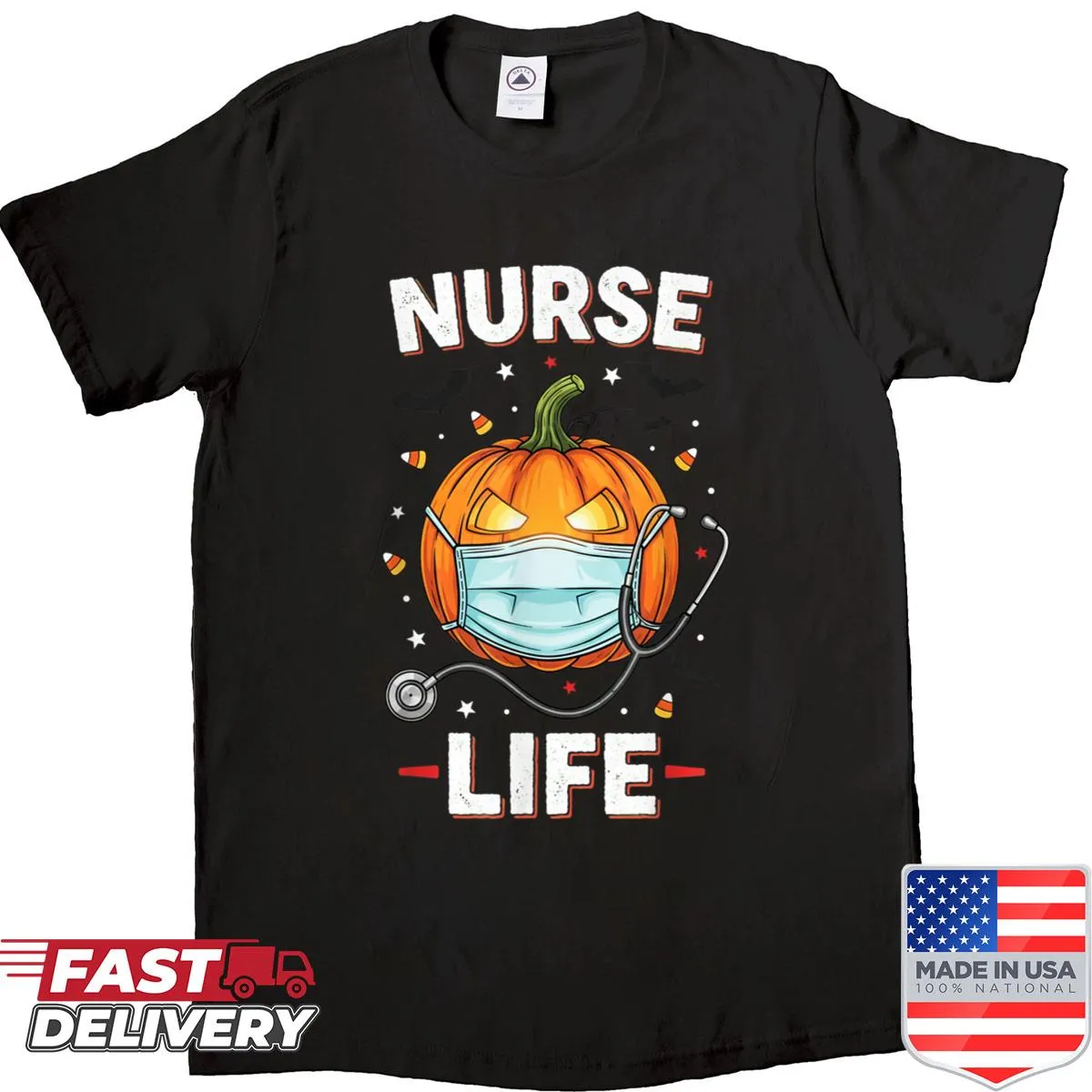Funny Halloween shirt for nurses featuring a pumpkin in a mask